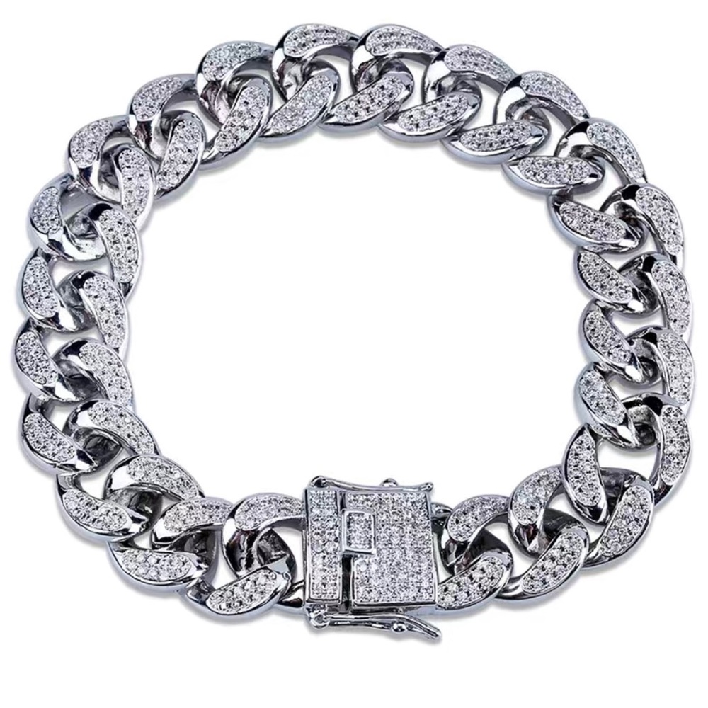 Men’s and women’s silver plated sparkle iced out Cuban chain link bracelet